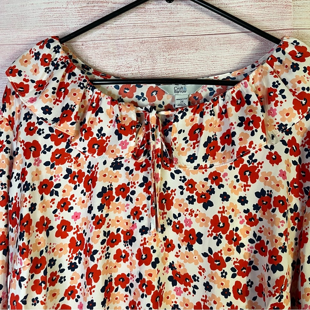 Croft & Barrow NWT Multicolor Floral Print Ruffle Tie Neck Blouse Size 2X - Picture 7 of 8